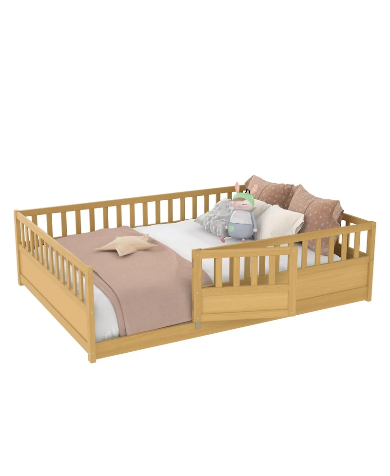 flynama Montessori Floor Bed With Support Slat High Barrier Door Natural Wood For Kids