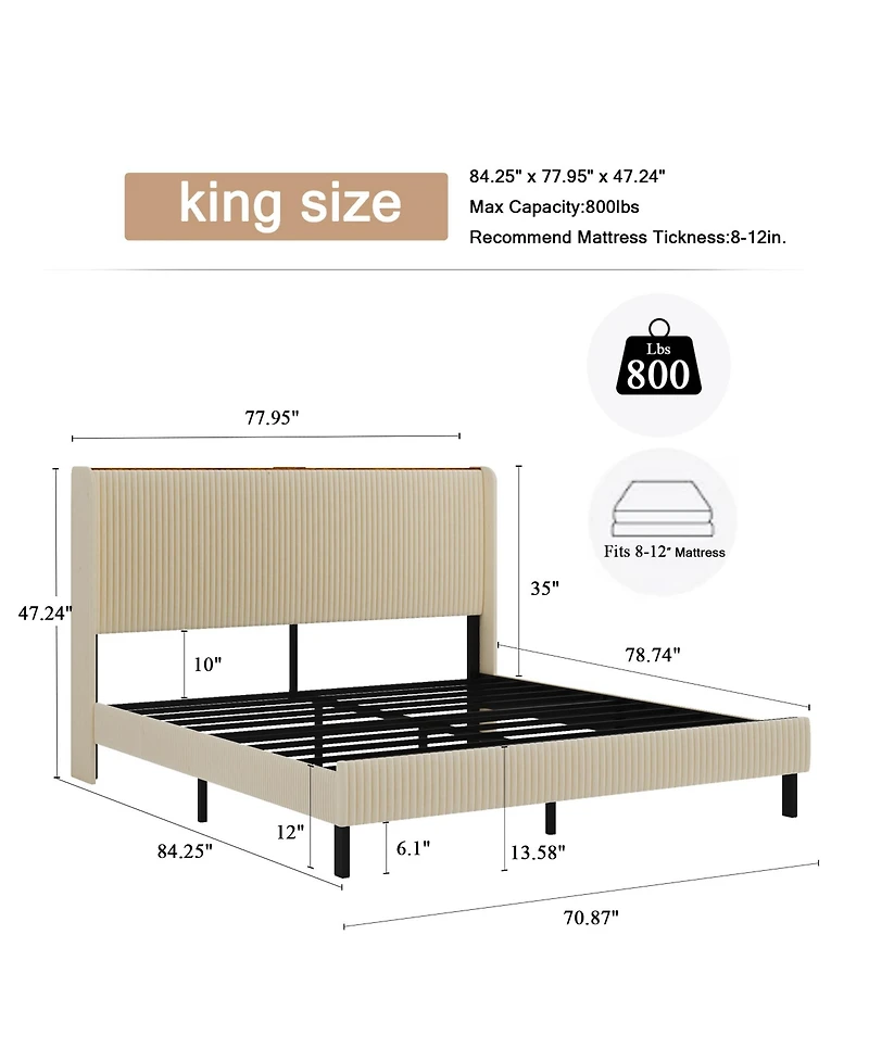 flynama Metal Platform Bed Beige Charging Station 2 Usb Ports Noise Free No Box Spring Needed