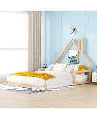 flynama Wood Floor Bed House Shaped Headboard Chimney Pine Wood Mdf