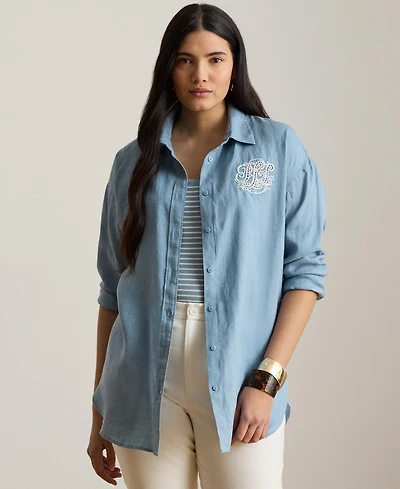 Lauren Ralph Plus Relaxed-Fit Eyelet-Logo Shirt