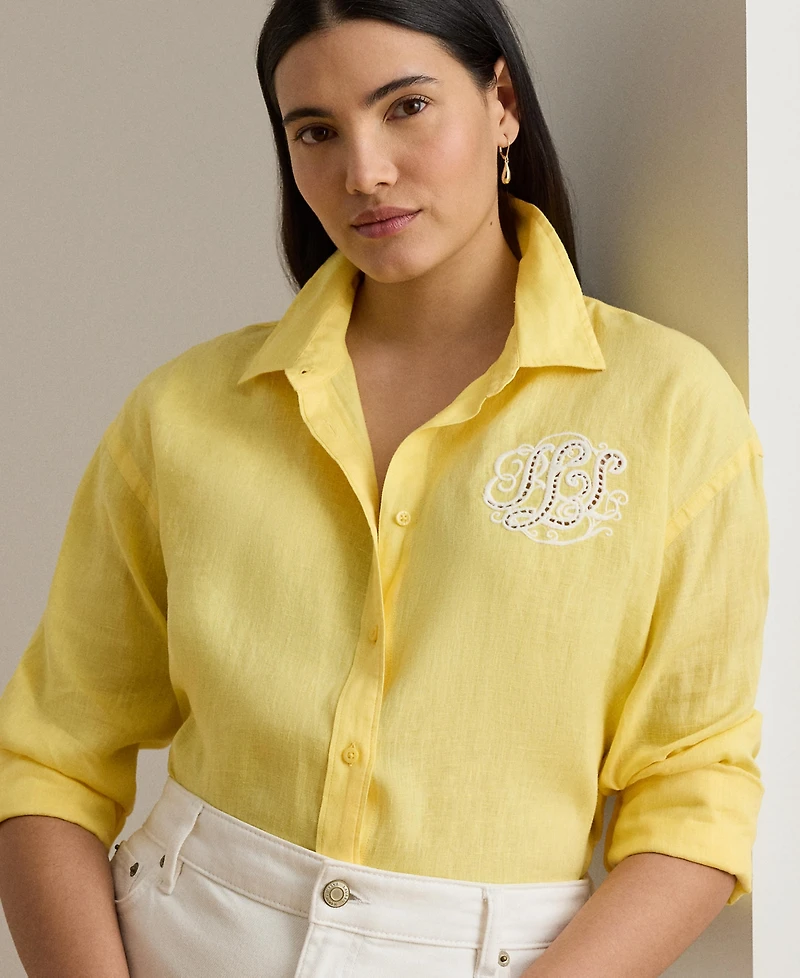 Lauren Ralph Plus Eyelet-Logo Linen Shirt