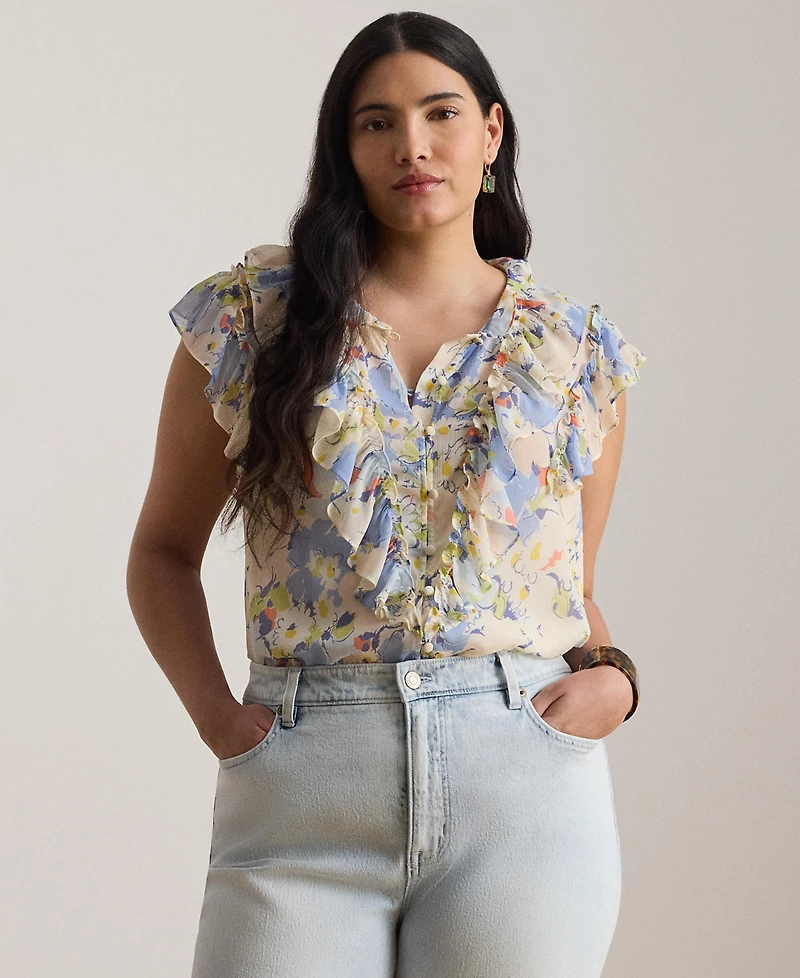 Lauren Ralph Plus Floral Ruffle-Trim Georgette Shirt