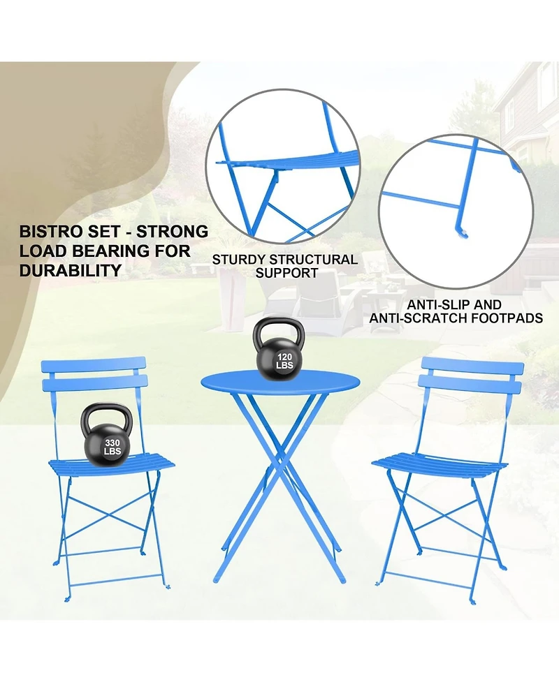gaomon 3 Piece Foldable Bistro Table and Chairs Set – Indoor/Outdoor Premium Metal Frame Coffee for Garden/Yard
