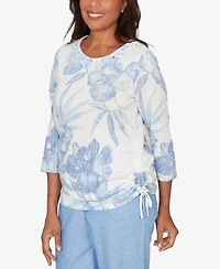 Alfred Dunner Women's Caribbean Blues Monotone Dramatic Floral Tropical Top