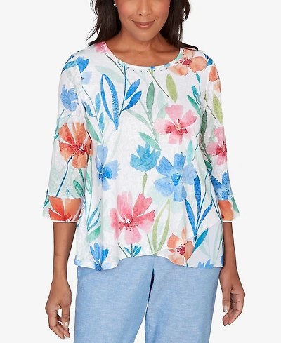 Alfred Dunner Women's Caribbean Blues Whimsical Flower Bell Sleeve Top
