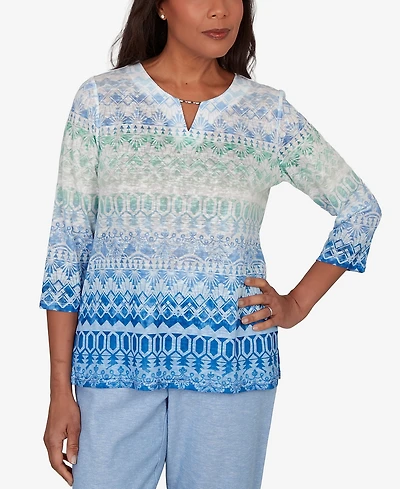 Alfred Dunner Women's Caribbean Blues Ombre Biadere Split Neck Top