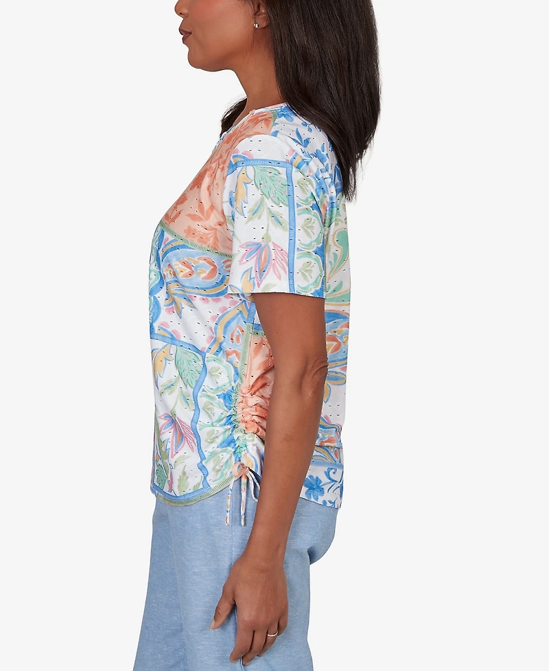Alfred Dunner Petite Caribbean Blues Patchwork Scroll Side Tie Ruched T-Shirt