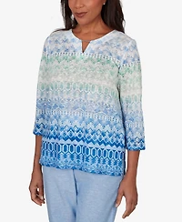 Alfred Dunner Petite Caribbean Blues Ombre Biadere Split Neck Top