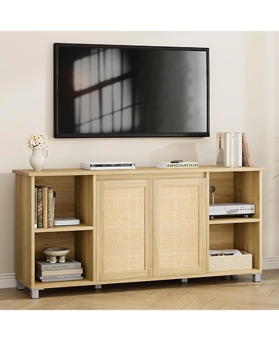 gaomon 63" Mid-Century Modern Tv Stand Rattan Door Entertainment Center with 2 Storage Cabinets & 3 Open Shelves, Media Console for Living
