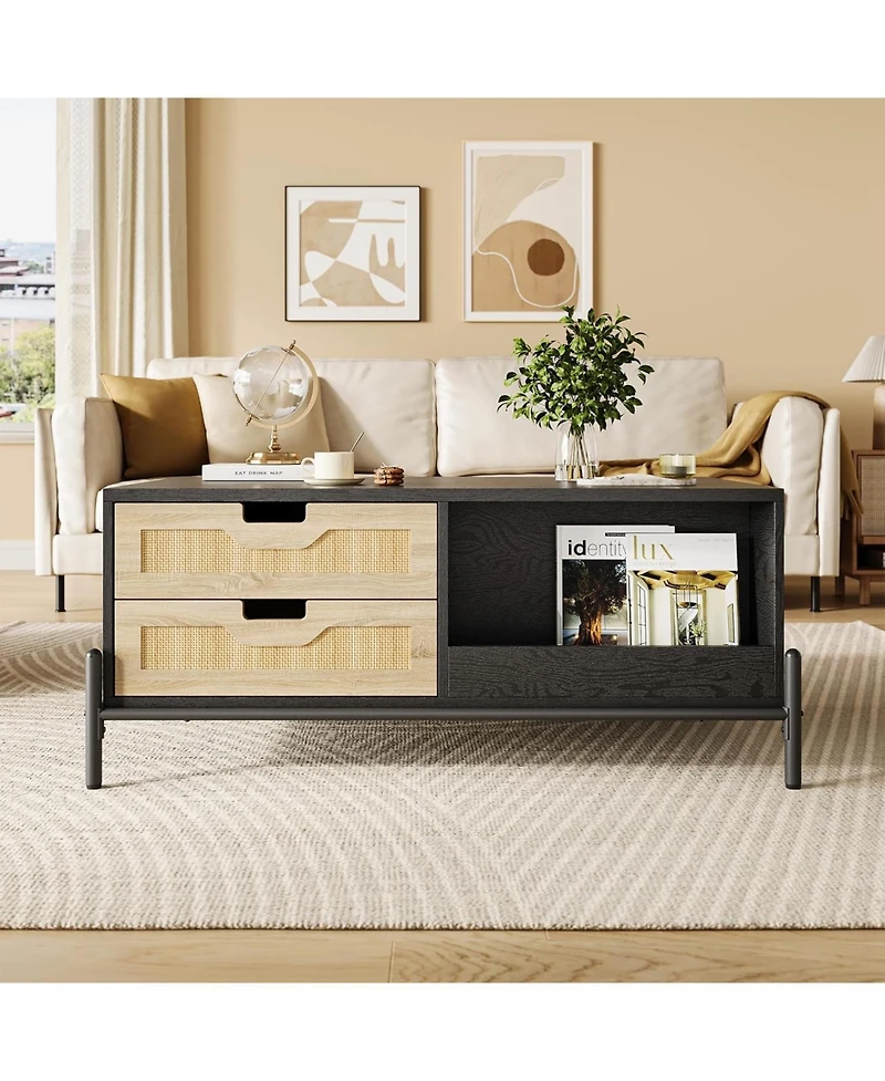 gaomon Wooden Coffee Table, Modern Farmhouse Style 394" Table with 4 Hidden Drawers and 2 Open Compartments, Room Tables with Led Mood Lighting