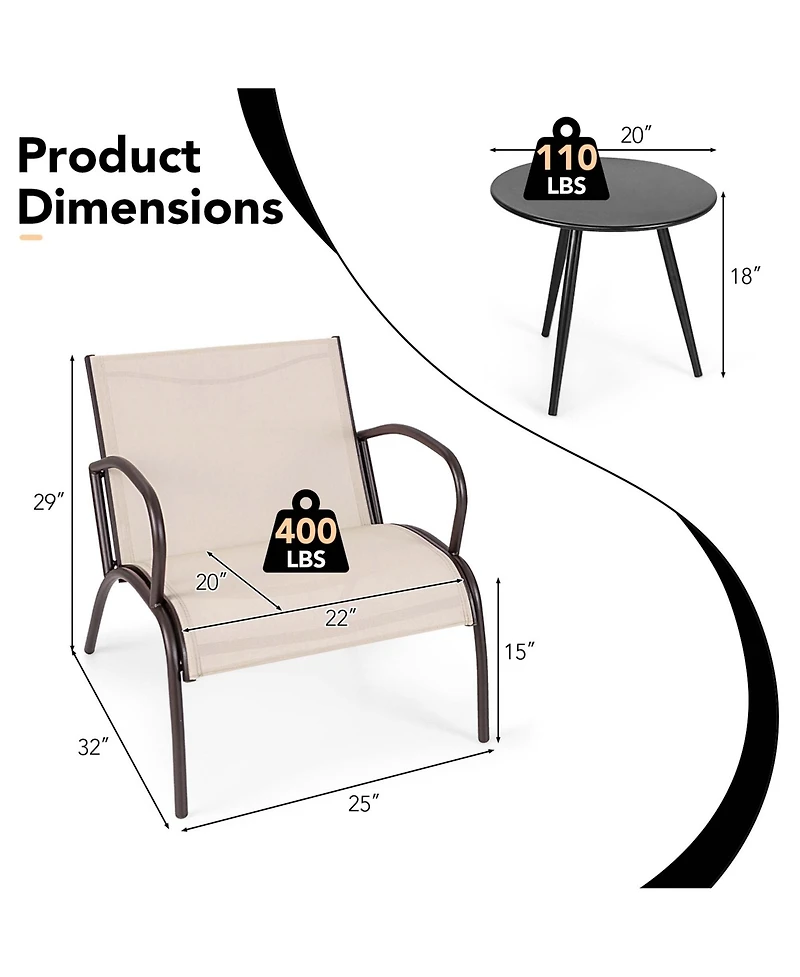 Gymax 3 Piece Patio Chair Set Curved Fabric Seat Round Coffee Table for Backyard