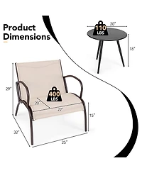 Gymax 3 Piece Patio Chair Set Curved Fabric Seat Round Coffee Table for Backyard