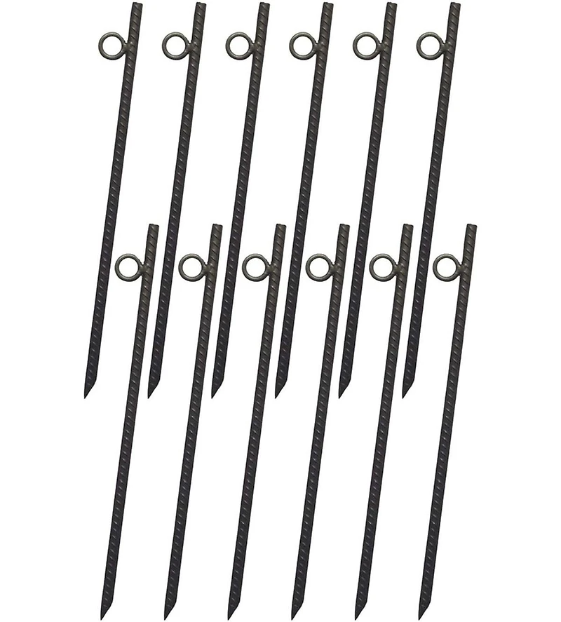 flynama 12pcs 3 Eighths x 18 Inch Steel Rebar Stakes with 1 Inch Loops Heavy Duty Angled Ends Ground Stakes for Tents Canopies Campsites
