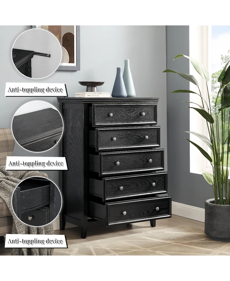 flynama Modern 5 Drawer Dresser Farmhouse Style Cabinet with Wide Slides for Living Room Bedroom Storage