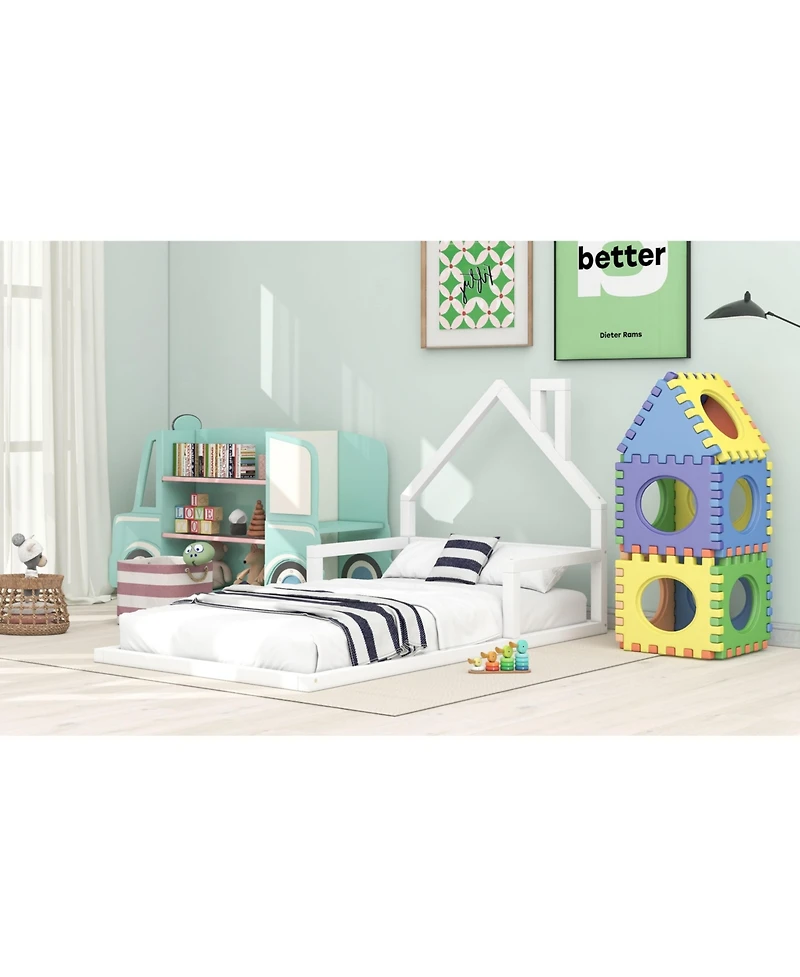 flynama Wood Floor Bed House Shaped Headboard Chimney Pine Wood Mdf