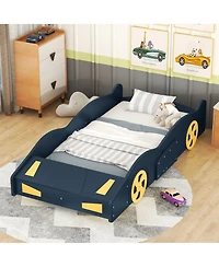 flynama Race Car Shaped Platform Bed Dark Wheels Storage Pine Wood