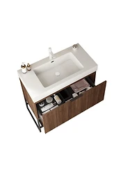 Thirtypeachy 36" Retro Deep Walnut Plywood Freestanding Bathroom Vanity Cabinet, No Basin, 1 Full-Extension Drawer And Open Towel Shelf