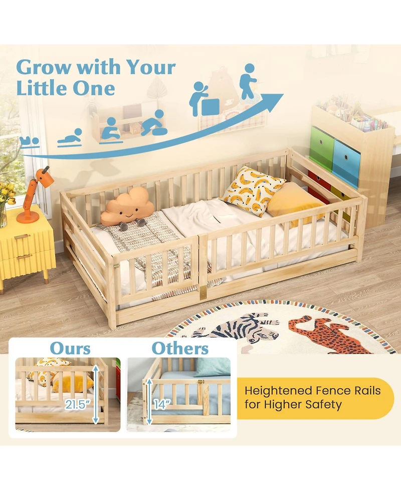 Sugift Twin Floor Bed with High Fence and Door Playhouse Design