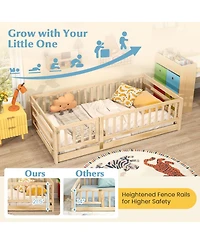 Sugift Twin Floor Bed with High Fence and Door Playhouse Design