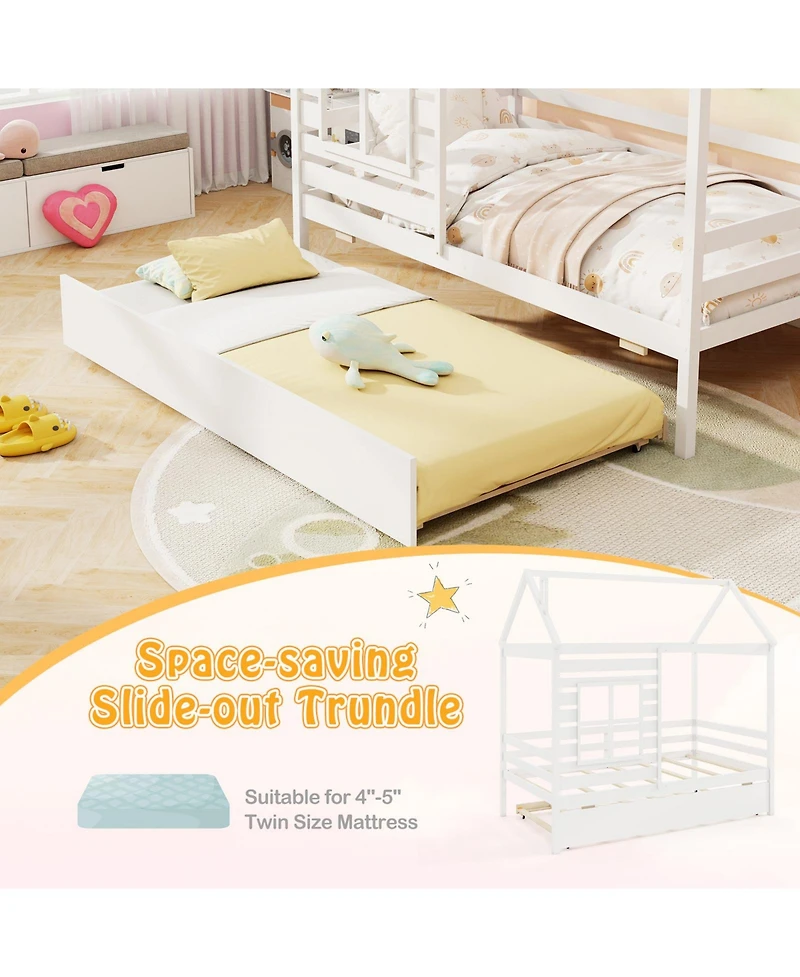 Sugift Wooden Platform House Bed with Trundle and Roof