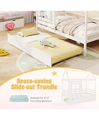 Sugift Wooden Platform House Bed with Trundle and Roof
