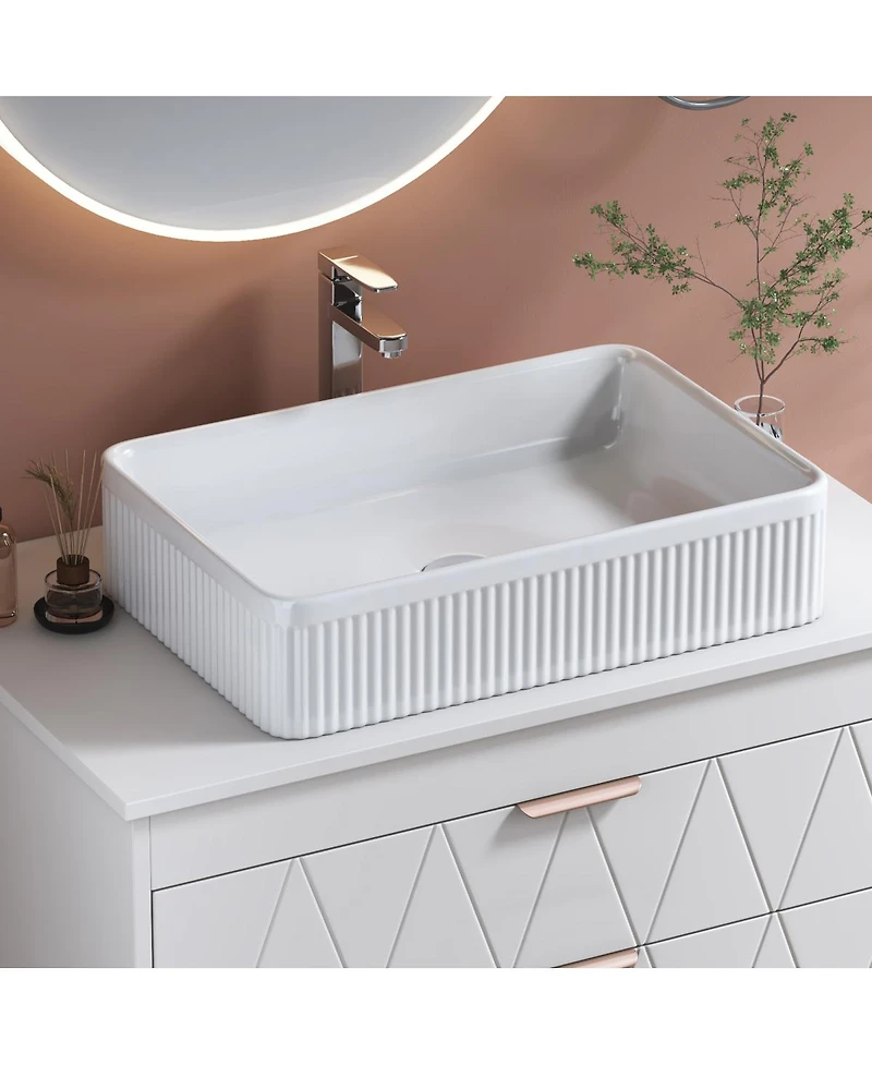 Sillysis 20.1" White Rectangular Ceramic Vessel Sink, Modern Drop-In Bathroom Basin with Vertical Stripe, Contemporary Style