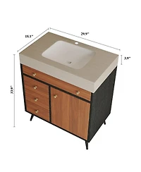 Sillysis 29.9" Freestanding Bathroom Vanity with Stone Gray Sintered Top, Ceramic Sink, Soft Close Drawers & Storage Cabinet