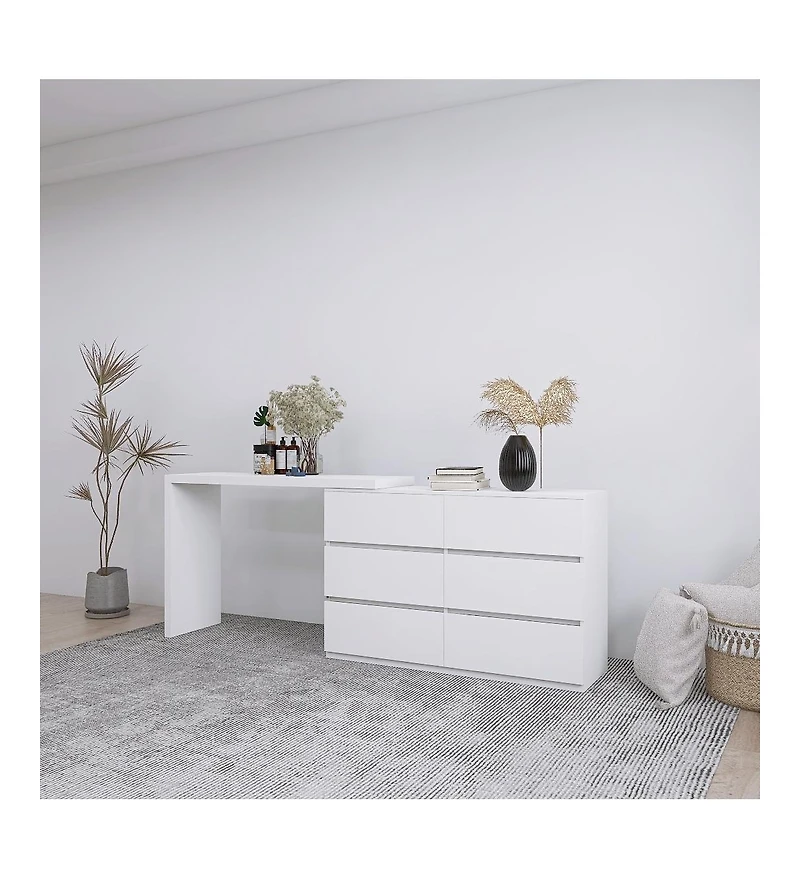 flynama Extended Desktop 6 Drawers Chest White Vanity Dresser with Adjustable Desk Top Handle Free Design