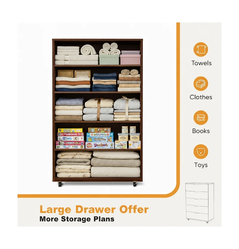 flynama Sturdy 5 Drawer Dresser on Wheels Mobile Storage Cabinet 30.71W 15.75D 44.49H for Bedroom Closet