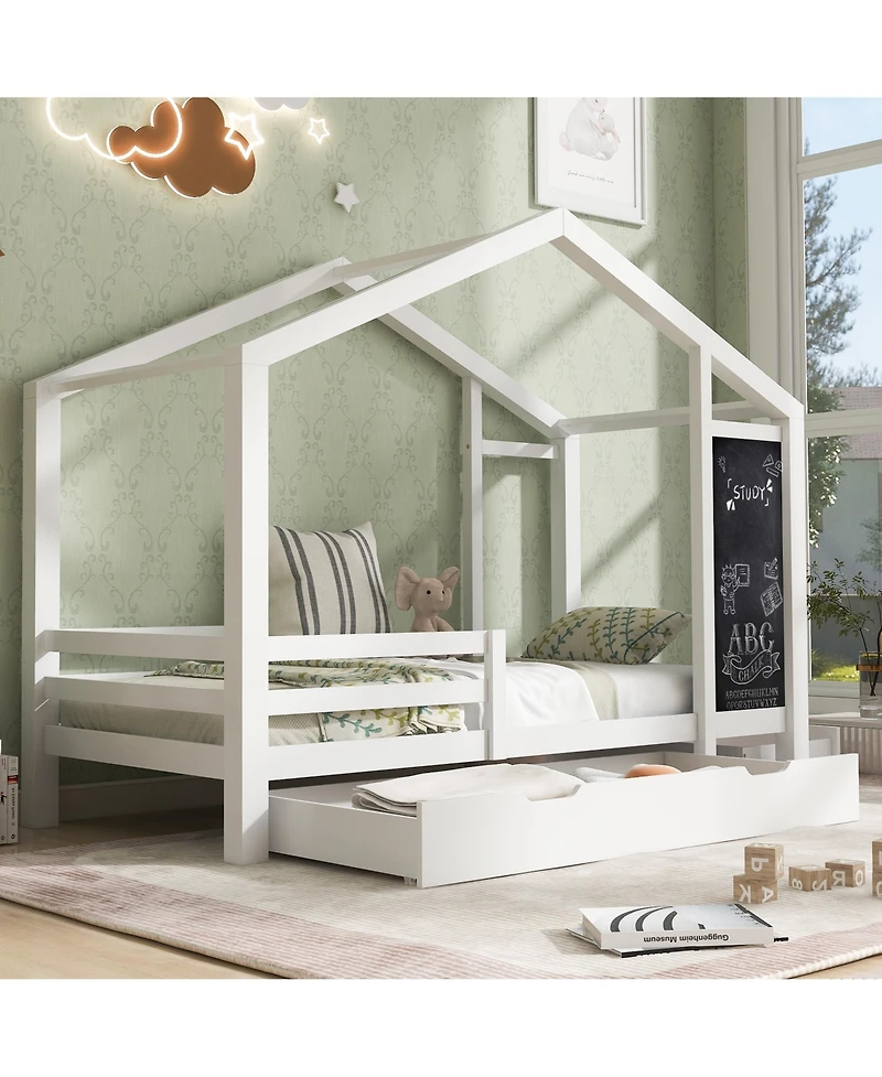 flynama House Bed with 335x16 Inch Blackboard Multiple Drawers and Two Assembly Options