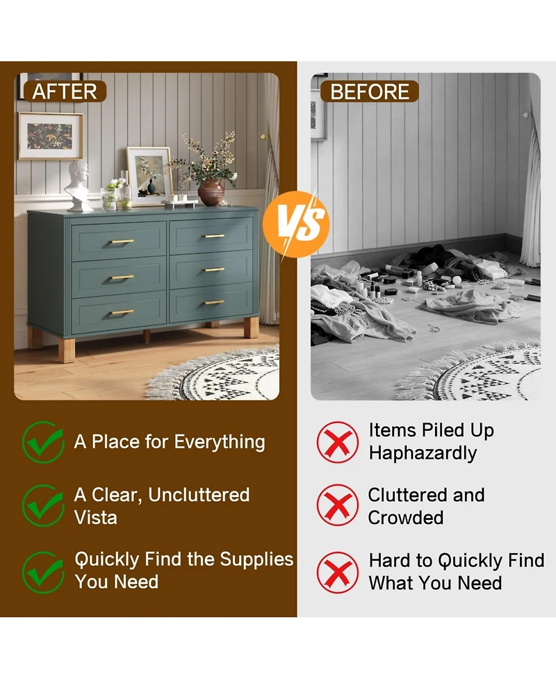 flynama 6 Drawer Double Dresser Modern Mid Century Storage Cabinet and Solid Wood Legs Metal Handles for Bedroom Kids Room Living Room