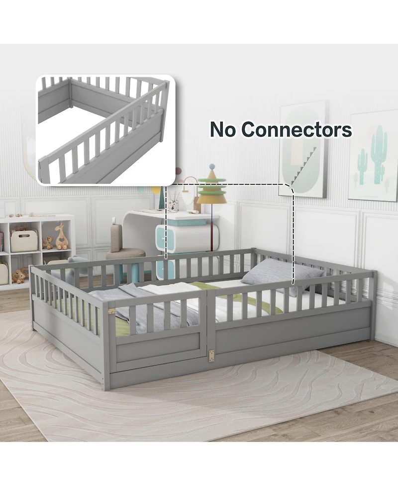 flynama Montessori Wooden Floor Bed With High Security Barrier And Door For Kids Bedroom