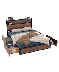 flynama Wooden Platform Bed With Multiple Drawers Storage Socket Wood