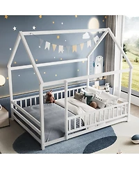 flynama Wooden Floor Bed With House Roof Frame And Fence Guardrails For Kids