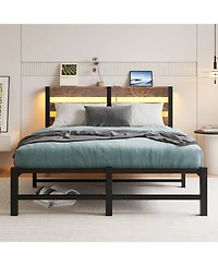 flynama Metal Bed Wooden Headboard Rgb Lights Charger Storage