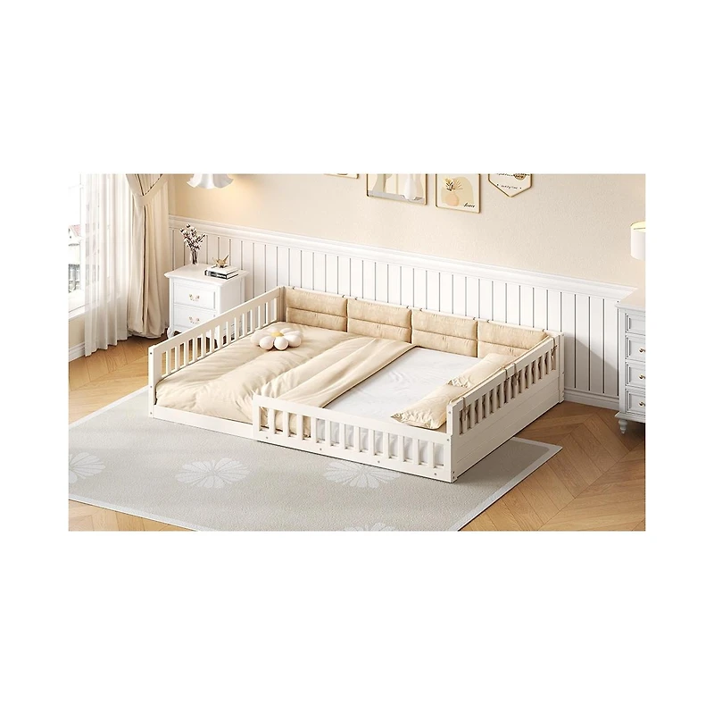 flynama Wood Upholstered Platform Bed Guardrail Fluffy Pillows Pine Wood Mdf