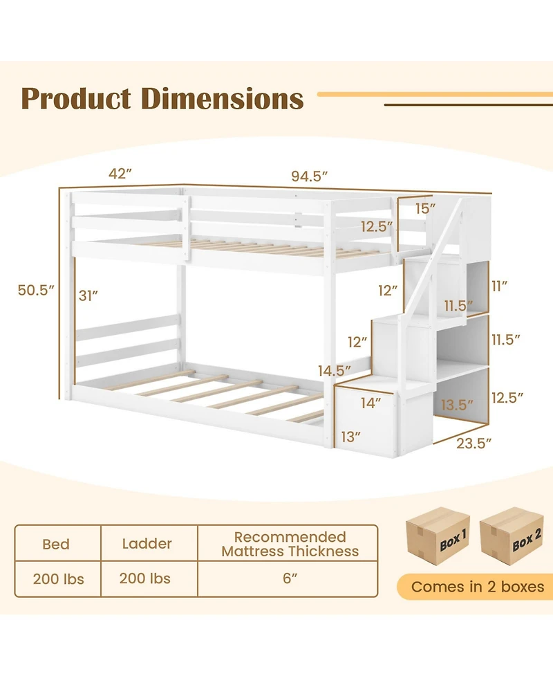 Sugift Twin Over Twin Low Bunk Bed with Storage Stairs Solid Wood