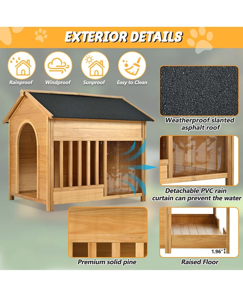 Aostirmotor 60" Large Outdoor Dog Kennel – Insulated Waterproof House with Porch, Asphalt Roof & Elevated Floor, for Medium & Large Dogs