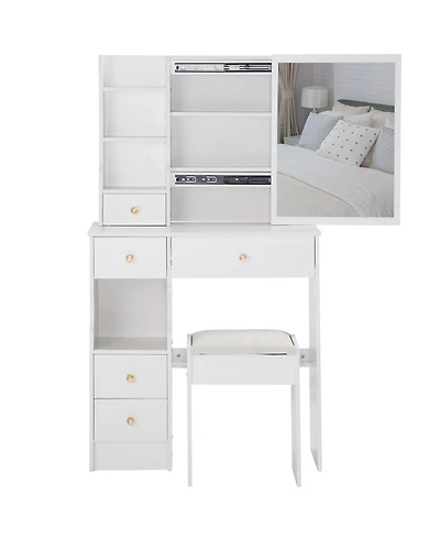 Flynama Space Saving Small Led Vanity Table with Multi Layer Slide Mirror Classic and Cushioned Stool