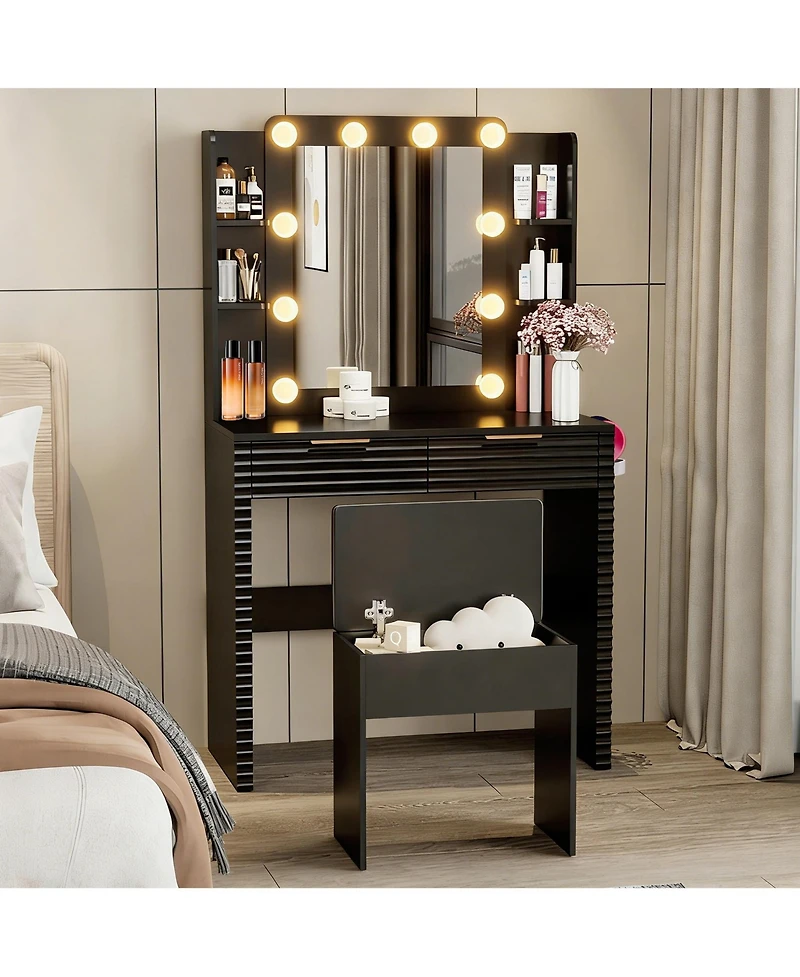 Flynama Makeup Vanity Desk with 10 Hollywood Bulbs Flawless Lighting and Storage Shelves for Hollywood Style