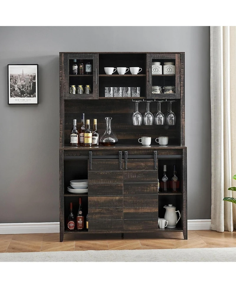 gaomon 70'' Tall Farmhouse Coffee Bar Cabinet, Kitchen Hutch Storage with Sliding Barn Door