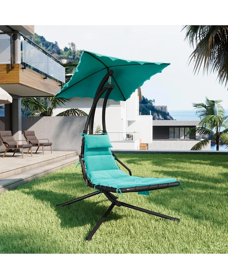 gaomon PeakPursuit Hanging Chaise Lounge Swing Chair with Umbrella Canopy, Patio Lounge Chairs with Stand