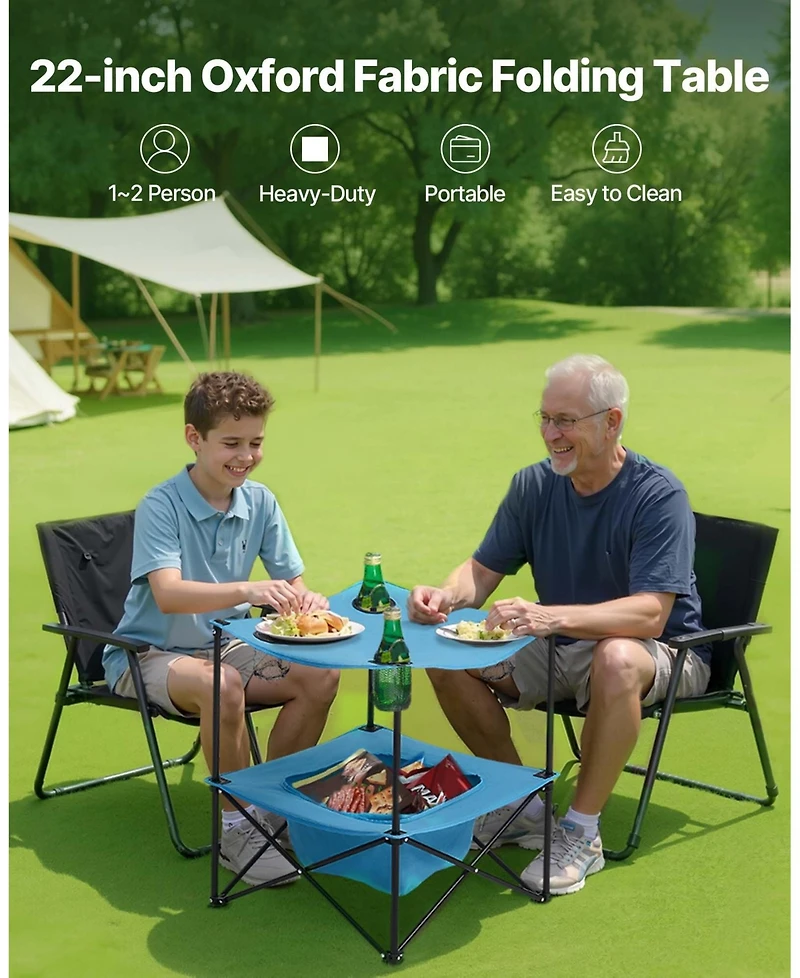 Mecale Folding Camping Table, 600D Waterproof Oxford Top with 4 Cup Holders, Carry Bag