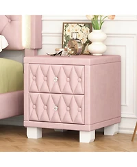 Flynama Elegant Velvet Nightstand with 2 Drawers Crystal Handle Button Tufted Bedroom Storage Table