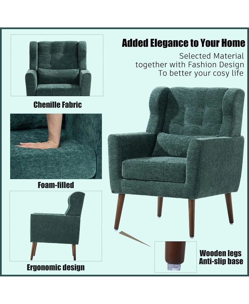 Rainsken Chenille Accent Chair, Modern Upholstered Armchair with Waist Pillow and Tapered Wooden Legs for Living Room