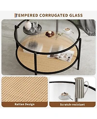 gaomon “30″ Rattan Coffee Table, 2 Tier Round End Table with Water Wave Glass & Storage – Modern”