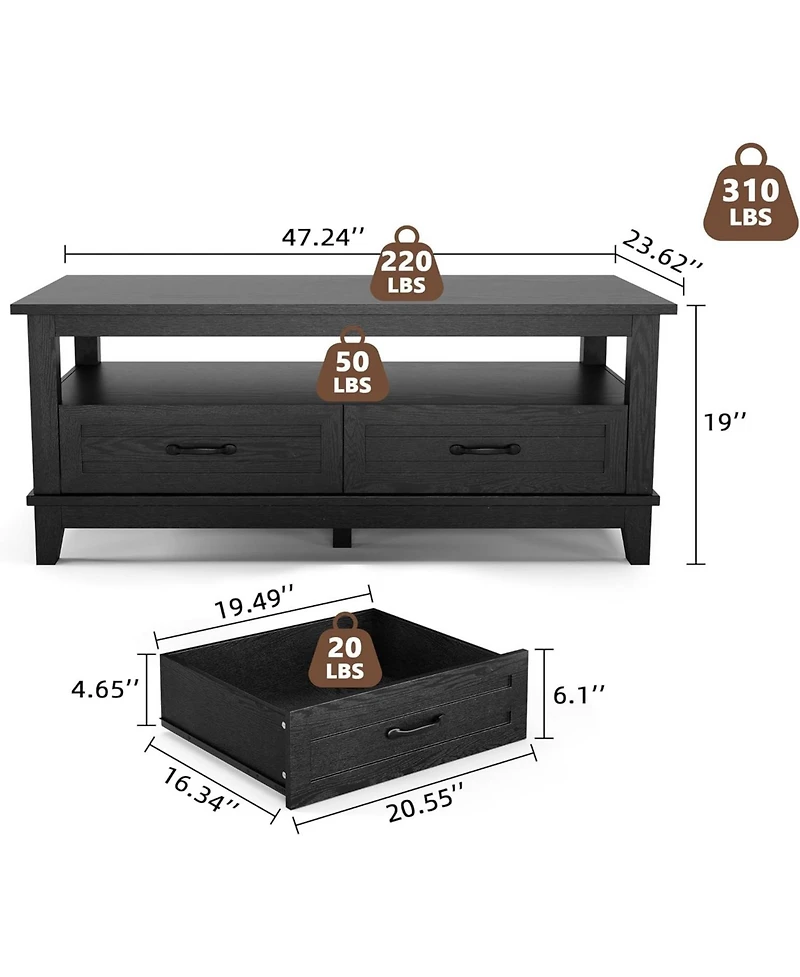 gaomon Farmhouse Coffee Table with Drawers, Center Rustic Tables Living Room Table, Open Shelf and 6 Support