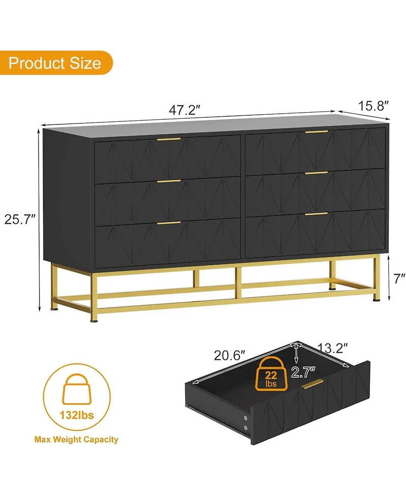 gaomon 6 Drawer Dresser for Bedroom with Metal Legs, Storage Chest Cabinet Organizer Living Room, Hallway, Entryway