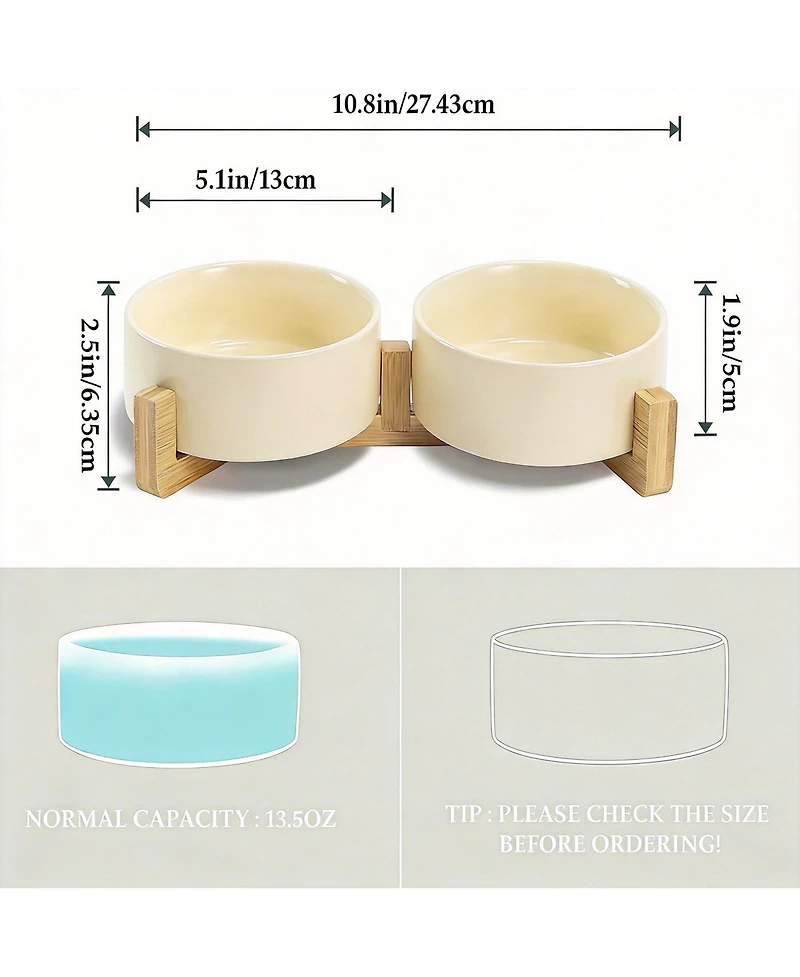 Aronkl Ceramic Dog Cat Bowl Set with Wooden Stand Modern Weighted Food Water