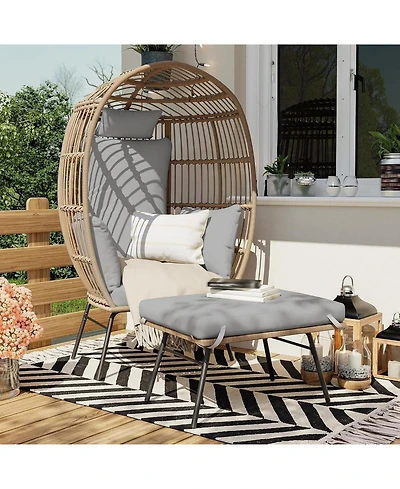 gaomon Oversized Wicker Egg Chair with Ottoman, Patio Lounge Egg Chair with Thick Cushion, Rattan Egg Basket with Steel Frame for Indoor/Outdoor